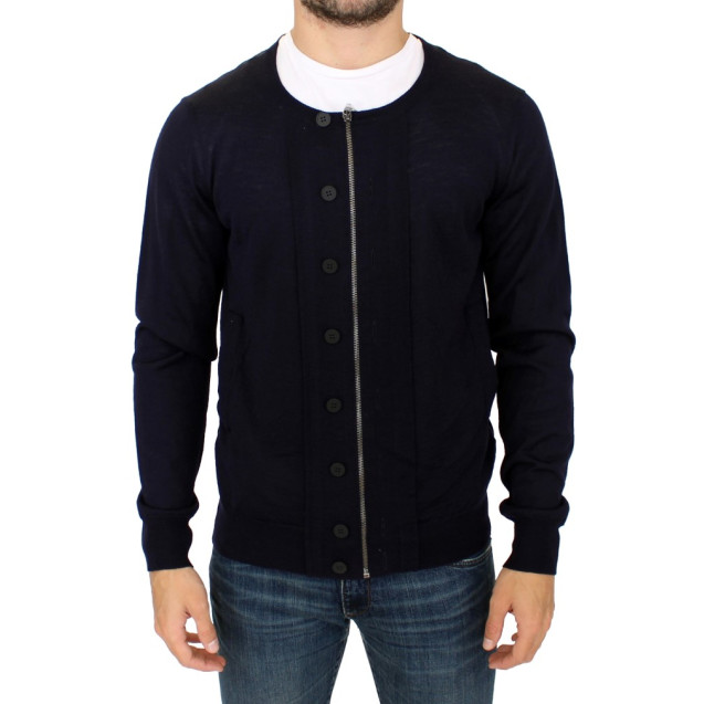 Elegant Blue Full Zip Wool Cardigan