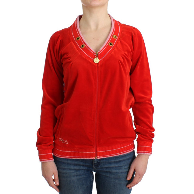 Radiant Red Zip Cardigan with Gold Detailing