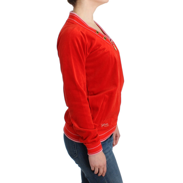 Radiant Red Zip Cardigan with Gold Detailing