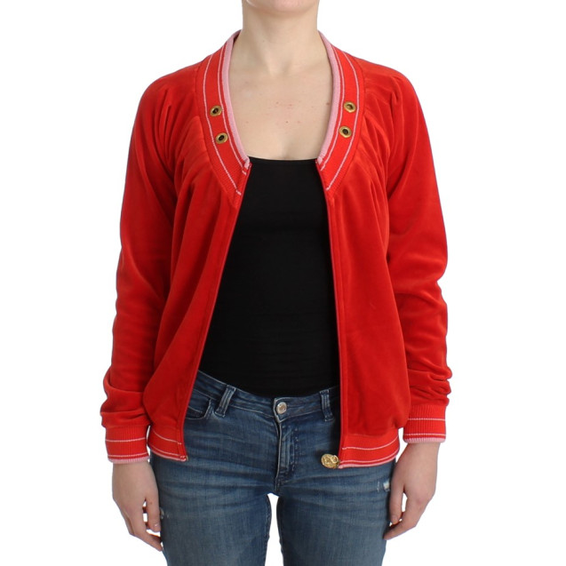 Radiant Red Zip Cardigan with Gold Detailing