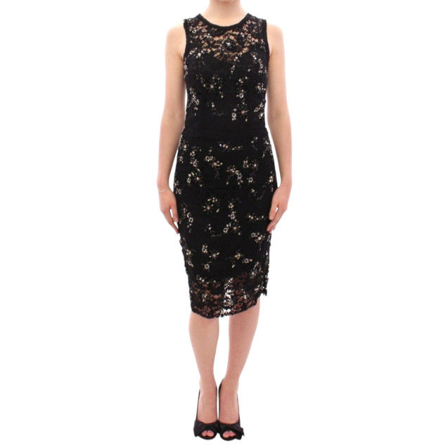 Elegant Black Floral Lace Crystal Dress
