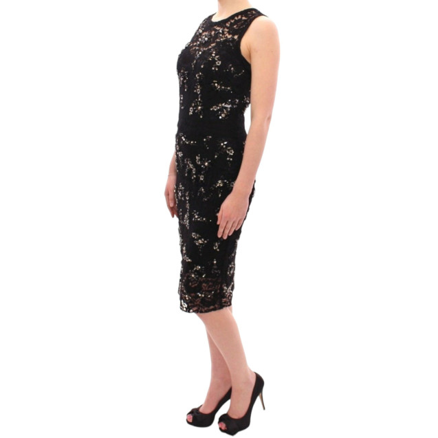 Elegant Black Floral Lace Crystal Dress