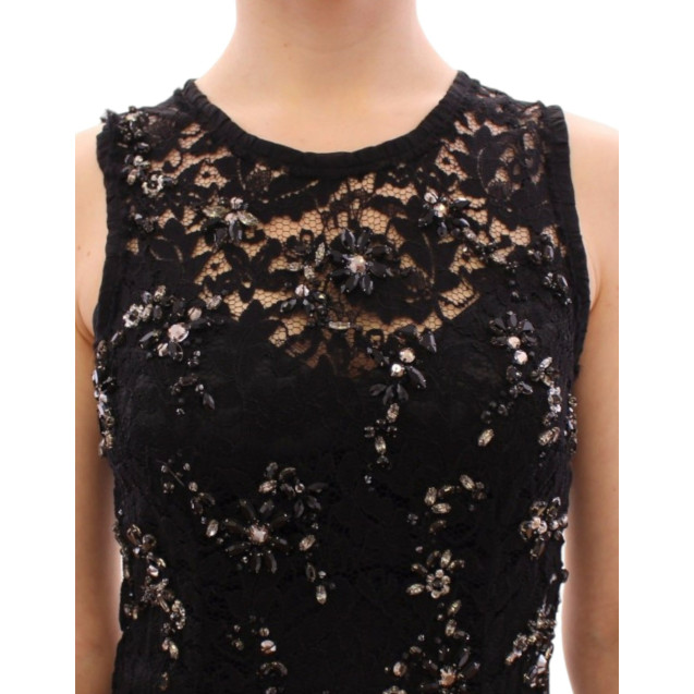 Elegant Black Floral Lace Crystal Dress