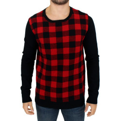 Chic Red & Black Checkered Wool Crewneck Sweater