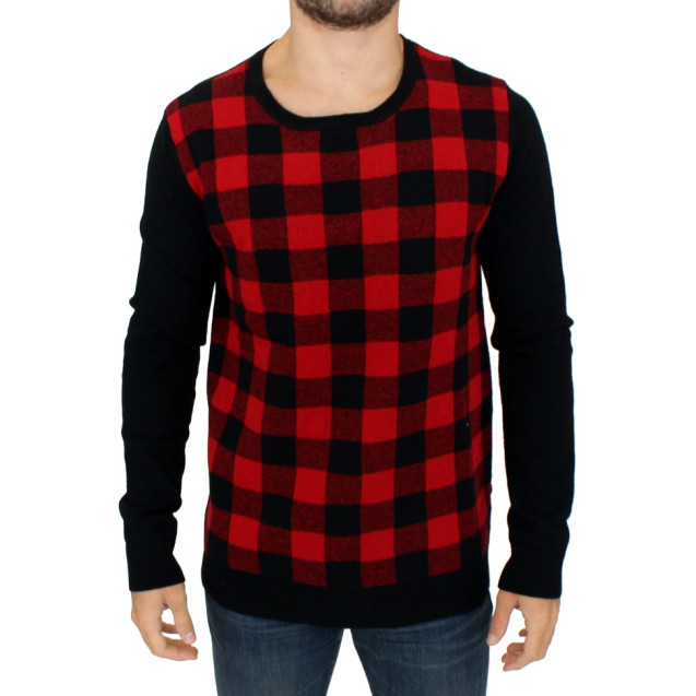 Chic Red & Black Checkered Wool Crewneck Sweater