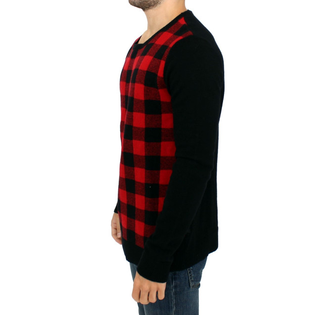 Chic Red & Black Checkered Wool Crewneck Sweater