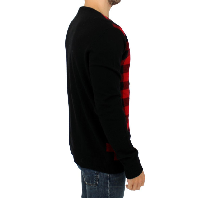Chic Red & Black Checkered Wool Crewneck Sweater