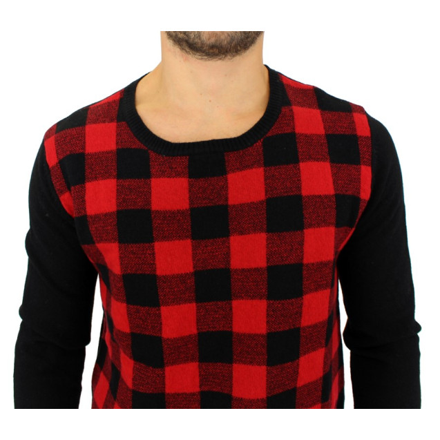 Chic Red & Black Checkered Wool Crewneck Sweater
