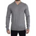 Elegant Gray Silk-Cashmere V-Neck Sweater