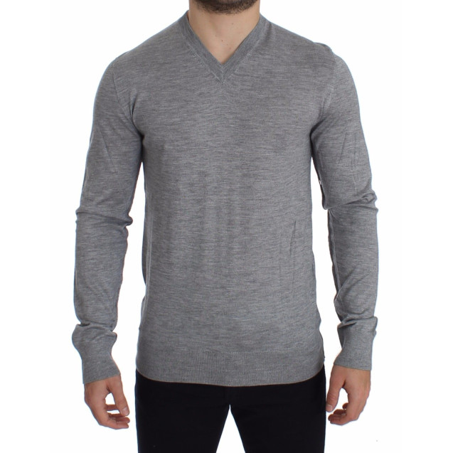 Elegant Gray Silk-Cashmere V-Neck Sweater