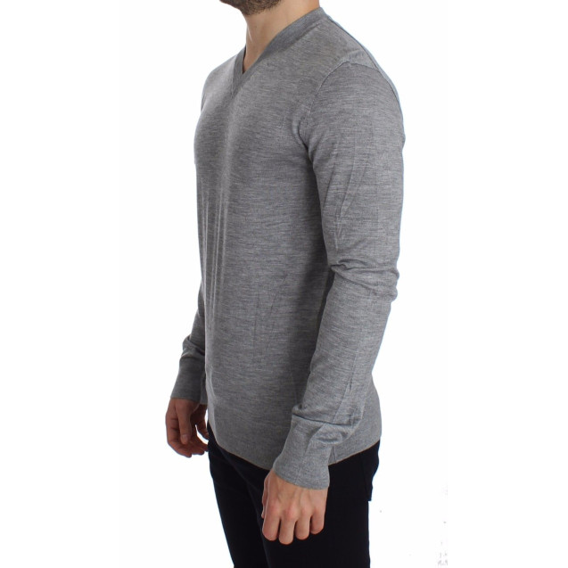 Elegant Gray Silk-Cashmere V-Neck Sweater