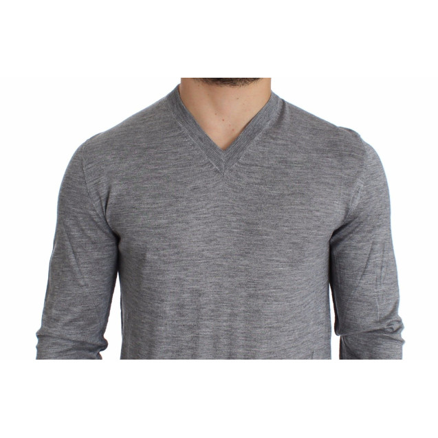 Elegant Gray Silk-Cashmere V-Neck Sweater