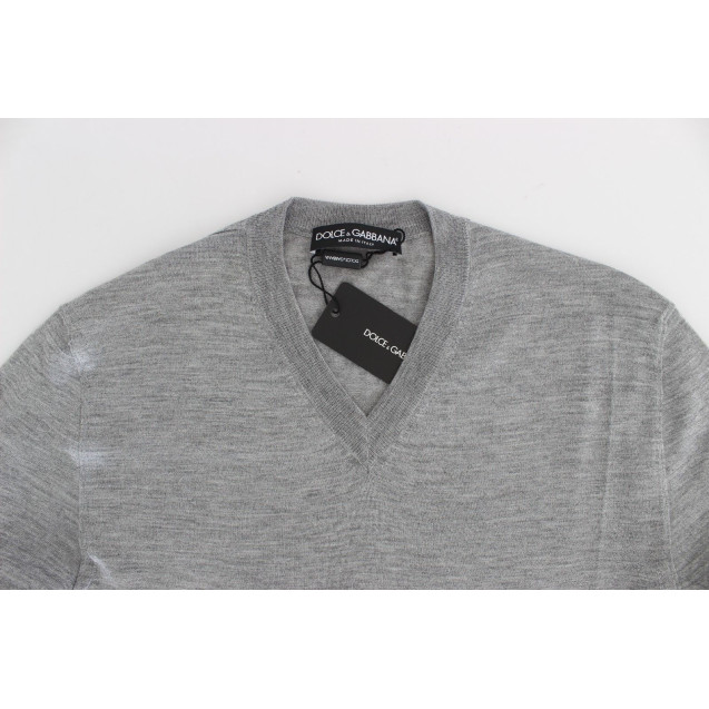 Elegant Gray Silk-Cashmere V-Neck Sweater