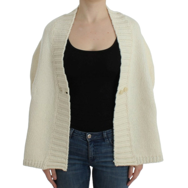 Elegant White Knitted Cape-Cardigan Hybrid