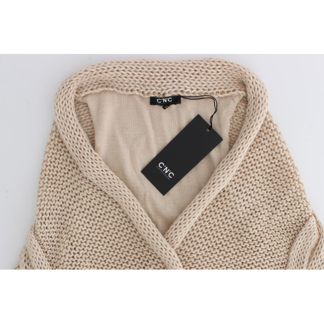 Beige V-Neck Belted Knit Vest