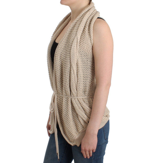 Beige V-Neck Belted Knit Vest